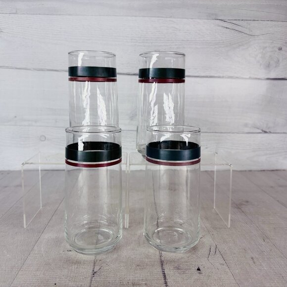 Pfaltgraff JUNIPER Green Mauve Bands Clear Glass Ice Tea Tumbler Glasses Set 4 - Picture 4 of 16